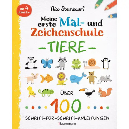 Cover eines deutschen Kinder-Malbuchs mit Tieren und Buntstiften, Titel: Meine erste Mal- und Zeichenschule.
