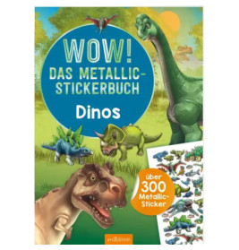Buntes deutsches Dinosaurier-Stickerbuch mit Cartoon-Dinosauriern und einem Bogen mit Metallicstickern.