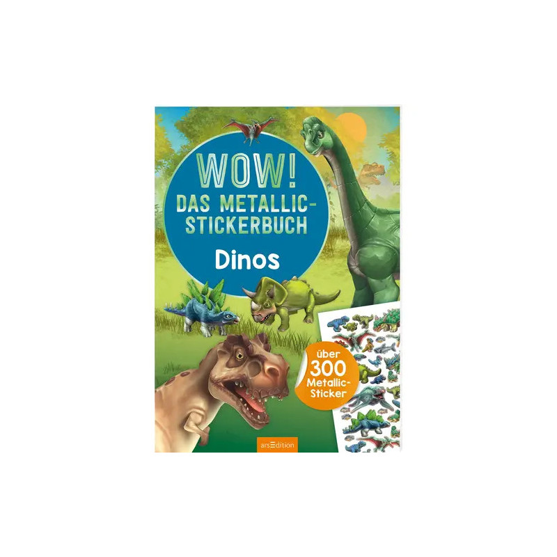 Buntes deutsches Dinosaurier-Stickerbuch mit Cartoon-Dinosauriern und einem Bogen mit Metallicstickern.