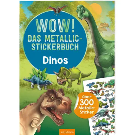 Buntes deutsches Dinosaurier-Stickerbuch mit Cartoon-Dinosauriern und einem Bogen mit Metallicstickern.