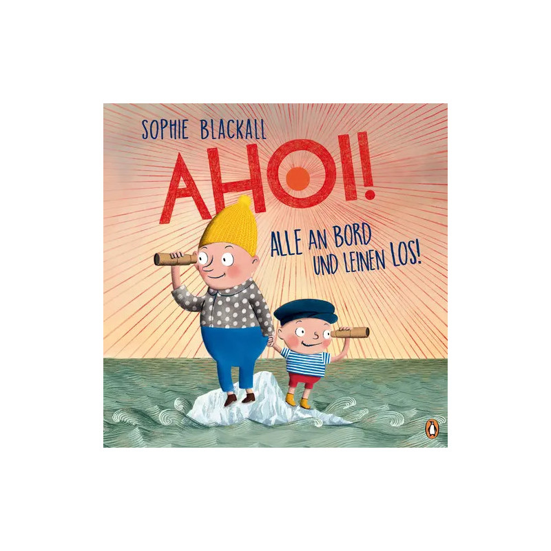Zwei lachende Kinder stehen mit Fernrohren auf einem kleinen Eisberg im Meer. Der Text Ahoi! ist in Rot hervorgehoben.