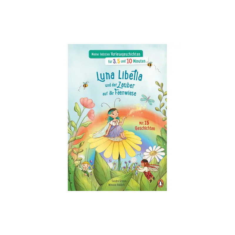 Buntes deutsches Kinderbuchcover: Eine Fee sitzt auf einer Blume, umgeben von Pflanzen und Insekten.