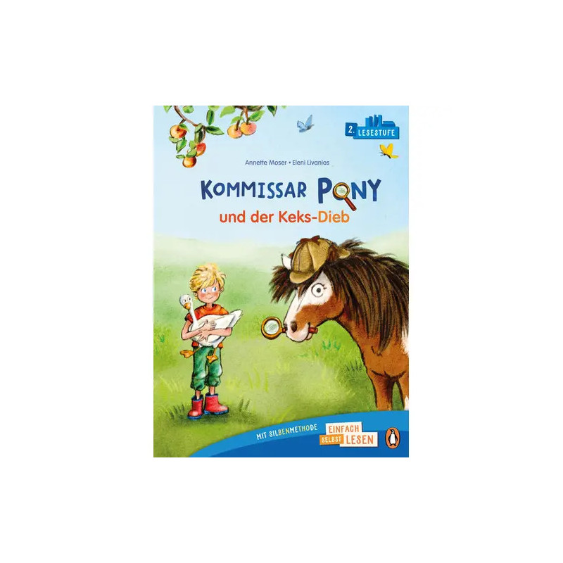 Ein Kinderdetektiv und ein Pony untersuchen auf einem bunten Buchcover unter einem Baum einen Keksdiebstahl.
