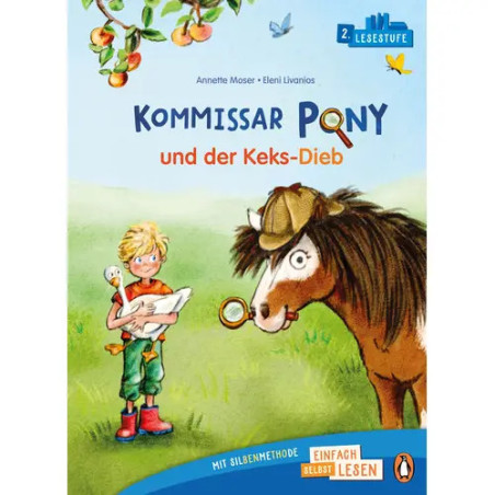 Ein Kinderdetektiv und ein Pony untersuchen auf einem bunten Buchcover unter einem Baum einen Keksdiebstahl.
