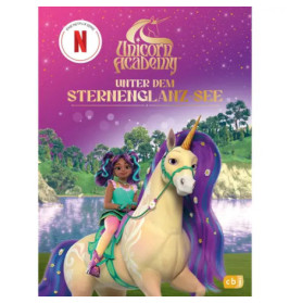 Ein Mädchen mit türkisfarbenen Haaren reitet ein Einhorn mit lilafarbenen Mähnen am See unter einem Sternenhimmel.