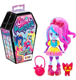 Bunte Puppe mit pinken Haaren, pinker Katze, pinker Tasche und sargförmiger Glimu-Monsters-Spielzeugverpackung.
