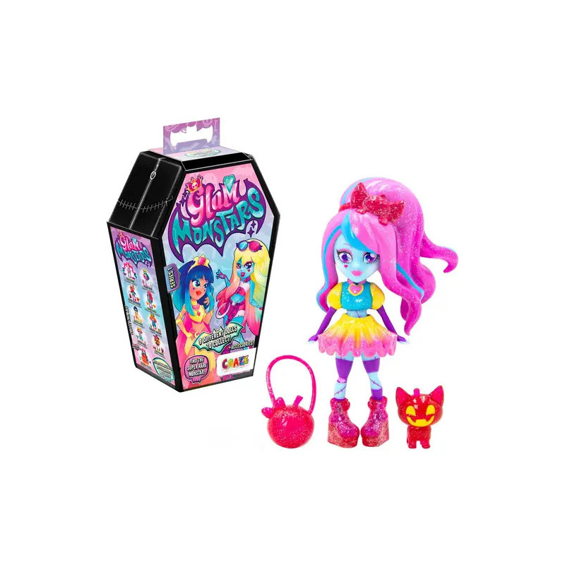 Bunte Puppe mit pinken Haaren, pinker Katze, pinker Tasche und sargförmiger Glimu-Monsters-Spielzeugverpackung.