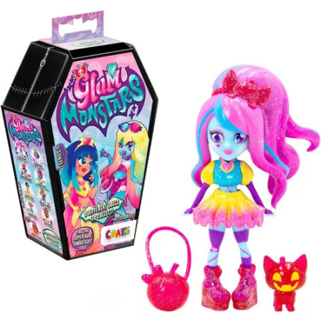 Bunte Puppe mit pinken Haaren, pinker Katze, pinker Tasche und sargförmiger Glimu-Monsters-Spielzeugverpackung.