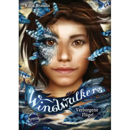 Cover von Windwalkers: Verborgene Flügel mit Gesicht eines Mädchens, blauen Federn und einem Wolfauge.