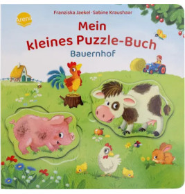 Kinderbuchcover mit Schwein, Kuh, Huhn und Traktor in bunter Bauernhofszene.
