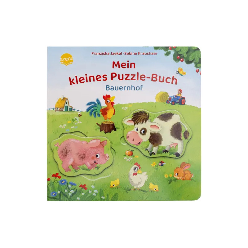 Kinderbuchcover mit Schwein, Kuh, Huhn und Traktor in bunter Bauernhofszene.