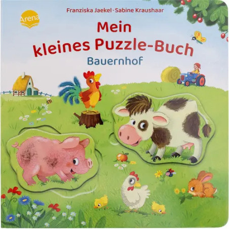 Kinderbuchcover mit Schwein, Kuh, Huhn und Traktor in bunter Bauernhofszene.