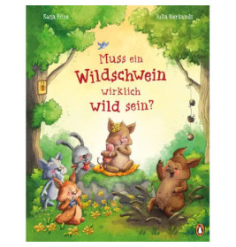 Vier illustrierte Waldtiere sitzen auf einem bunten Buchcover mit Bäumen und deutschem Text beisammen.
