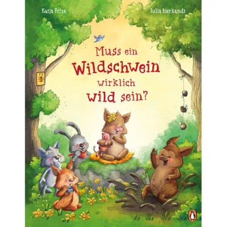 Vier illustrierte Waldtiere sitzen auf einem bunten Buchcover mit Bäumen und deutschem Text beisammen.