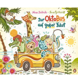 Bunte Zeichnung: Tiere in Kostümen fahren in einem gelben Bus, umgeben von Palmen und Blumen.