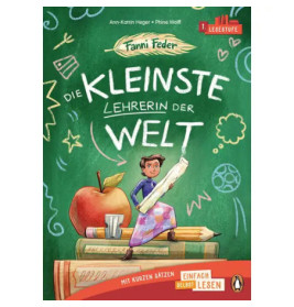 Illustration: Eine winzige Lehrerin sitzt auf Büchern mit Apfel, Tafel und dem Titel Die Kleinste Lehrerin der Welt.