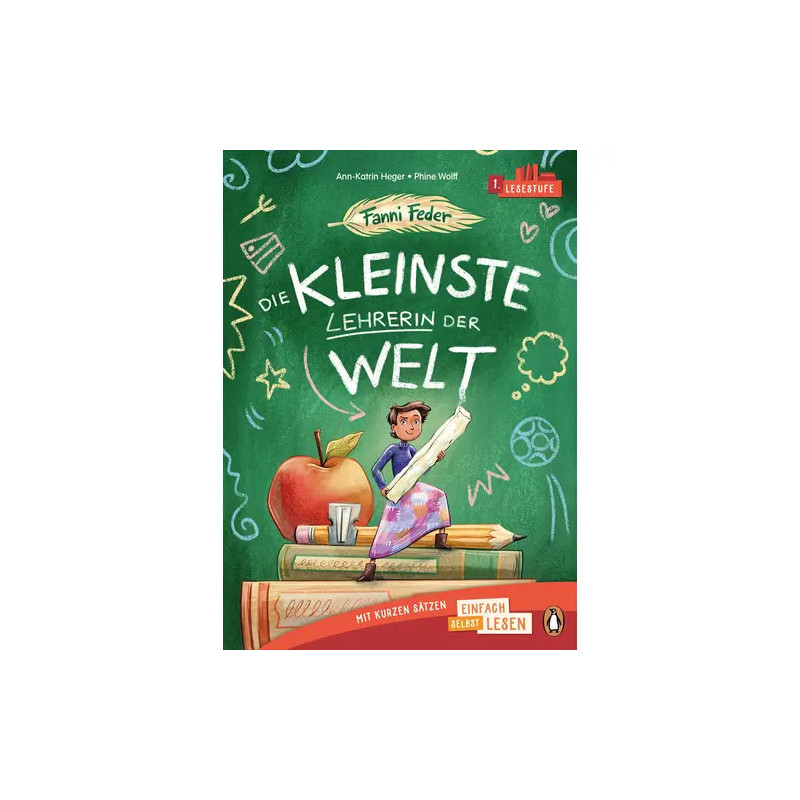 Illustration: Eine winzige Lehrerin sitzt auf Büchern mit Apfel, Tafel und dem Titel Die Kleinste Lehrerin der Welt.