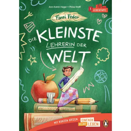Illustration: Eine winzige Lehrerin sitzt auf Büchern mit Apfel, Tafel und dem Titel Die Kleinste Lehrerin der Welt.
