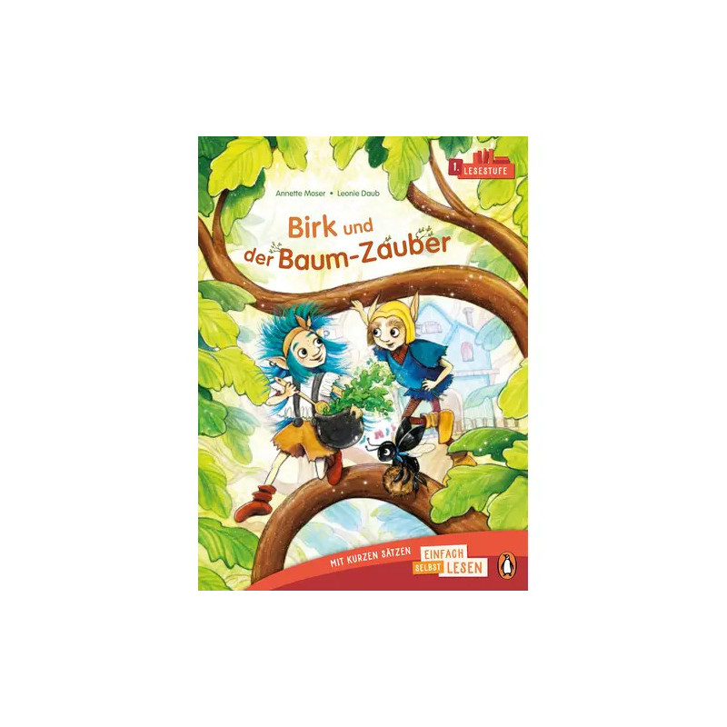 Zwei als Tiere verkleidete Kinder sitzen auf einem Baumast und halten eine Pflanze, Buchcover Birk und den Baum-Zauber.