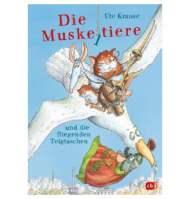 Katze, Kaninchen und Maus reiten mit einer grünen Tasche auf einem riesigen Vogel über die Stadt.