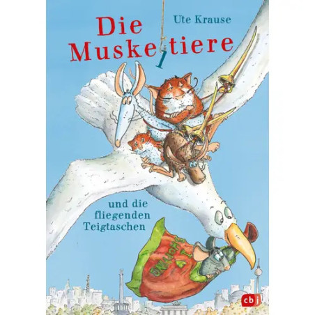 Katze, Kaninchen und Maus reiten mit einer grünen Tasche auf einem riesigen Vogel über die Stadt.