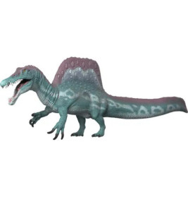 Ein Spielzeug-Spinosaurus mit lila Segel und türkisfarbenem Körper steht mit geöffnetem Maul.