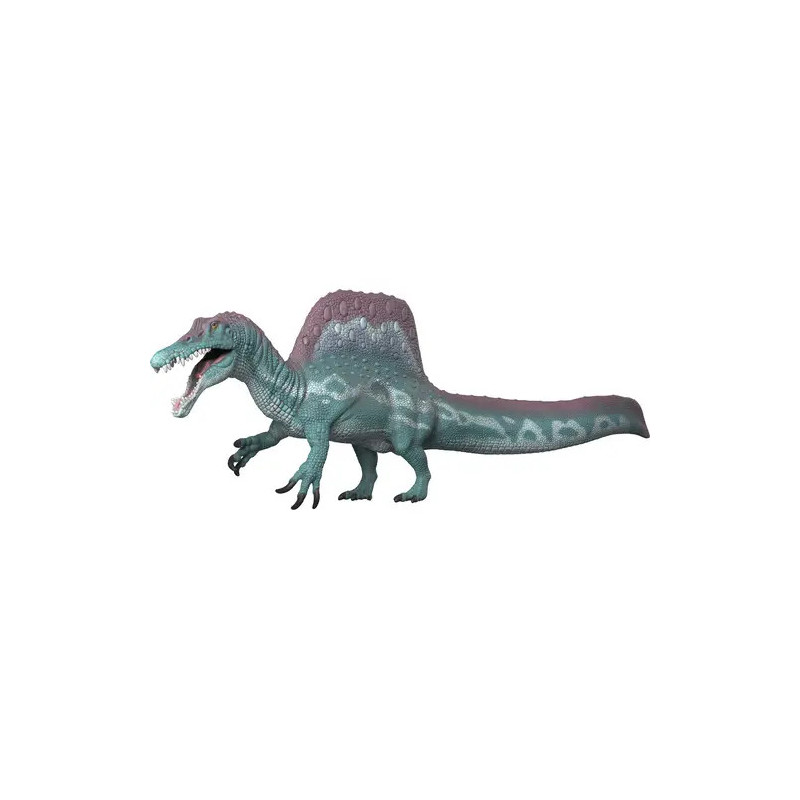 Ein Spielzeug-Spinosaurus mit lila Segel und türkisfarbenem Körper steht mit geöffnetem Maul.
