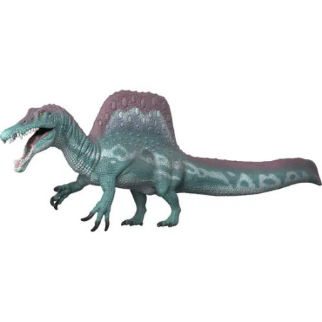 Ein Spielzeug-Spinosaurus mit lila Segel und türkisfarbenem Körper steht mit geöffnetem Maul.