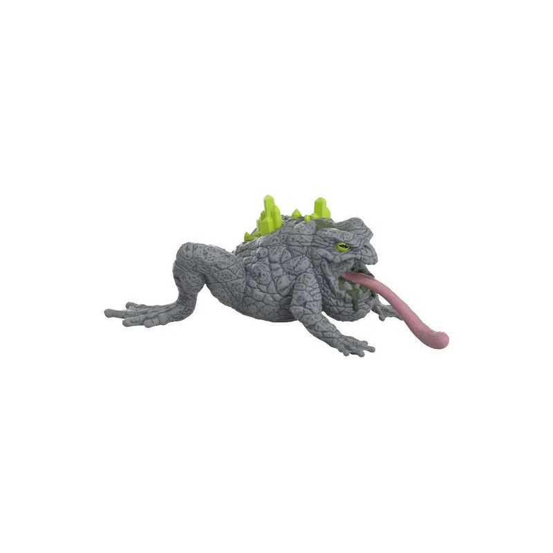 Graues, steinähnliches Kröten-Spielzeug mit grünen Stacheln und weit herausgestreckter pinker Zunge.