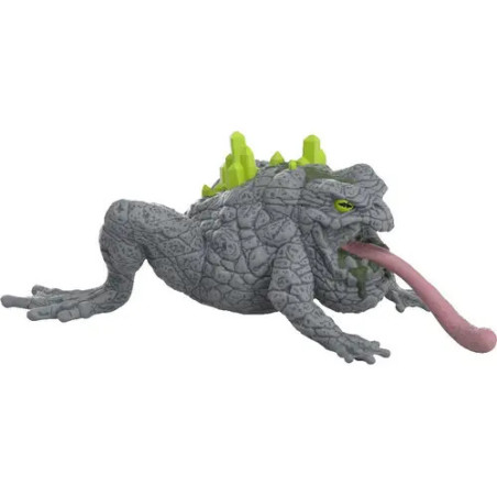 Graues, steinähnliches Kröten-Spielzeug mit grünen Stacheln und weit herausgestreckter pinker Zunge.