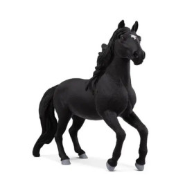 Schwarze Pferdefigur mit wehender Mähne, steht mit erhobenem Vorderbein.