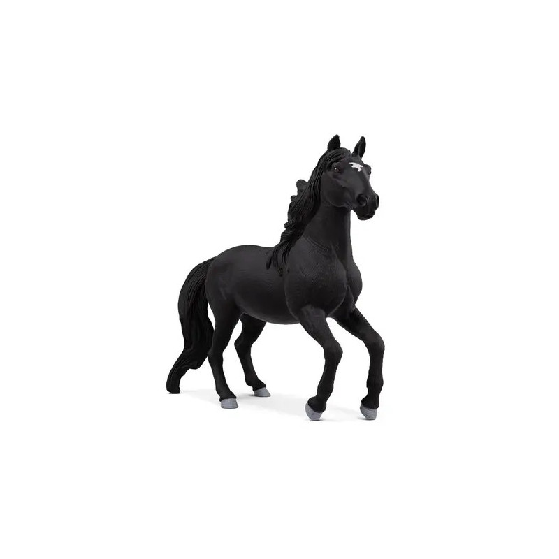 Schwarze Pferdefigur mit wehender Mähne, steht mit erhobenem Vorderbein.