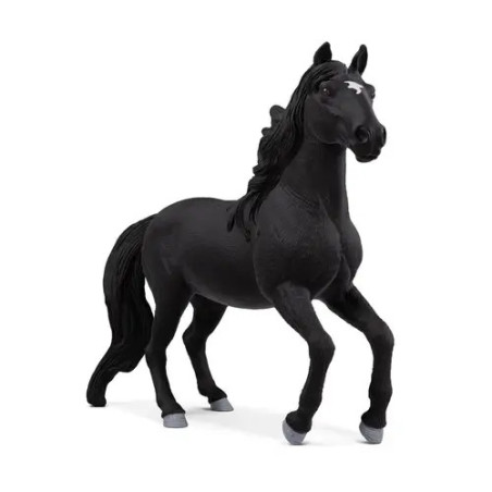 Schwarze Pferdefigur mit wehender Mähne, steht mit erhobenem Vorderbein.