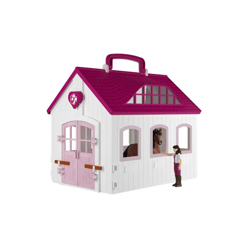 Spielzeugscheune mit rosa Dach, weißen Wänden, Pferdefigur innen und Mädchenfigur vor dem Fenster.