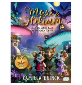 Buchcover von Maxi & Helium: Zwei Mäuse, ein Wesen und bunte Häuser bei Mondschein.