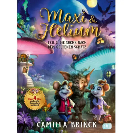 Buchcover von Maxi & Helium: Zwei Mäuse, ein Wesen und bunte Häuser bei Mondschein.