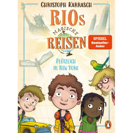 Lächelnde Kinder vor New Yorker Wahrzeichen auf dem Cover von Rios magische Reisen von Christoph Karrasch.