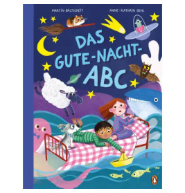 Kinder im Bett, umgeben von Tieren, Sternen und Meerestieren Cover des Buchs Das Gute-Nacht-ABC.
