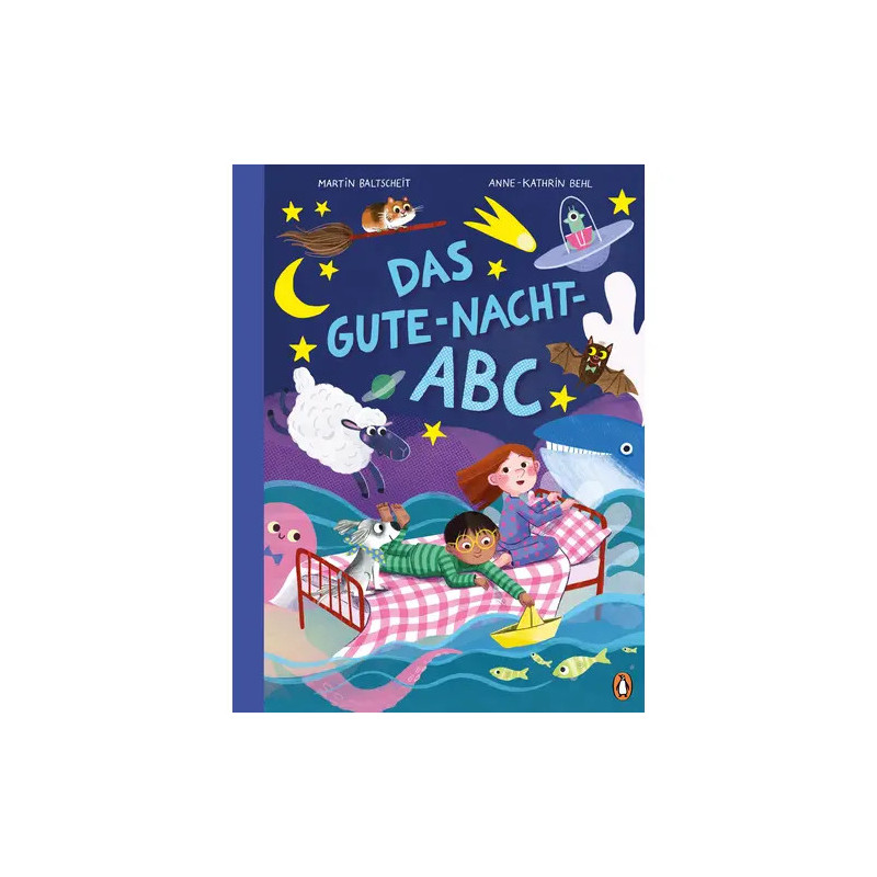 Kinder im Bett, umgeben von Tieren, Sternen und Meerestieren Cover des Buchs Das Gute-Nacht-ABC.