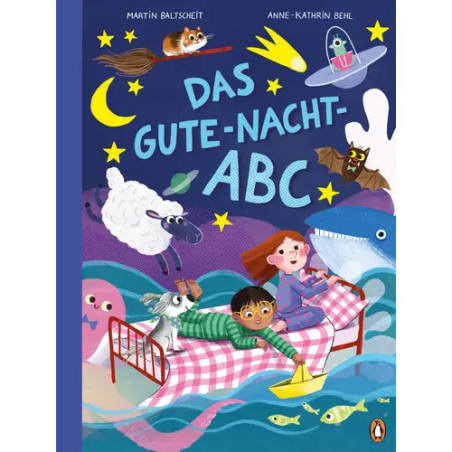 Kinder im Bett, umgeben von Tieren, Sternen und Meerestieren Cover des Buchs Das Gute-Nacht-ABC.