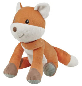 Plüschfuchs mit orangefarbenem, weißem und braunem Stoff sitzt aufrecht und lächelt.