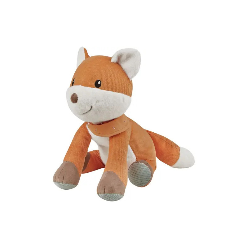 Plüschfuchs mit orangefarbenem, weißem und braunem Stoff sitzt aufrecht und lächelt.