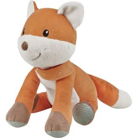 Plüschfuchs mit orangefarbenem, weißem und braunem Stoff sitzt aufrecht und lächelt.