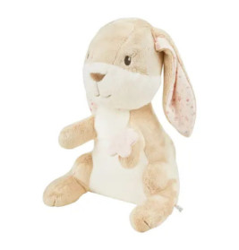 Ein beige-weißer Plüschhase mit rosa Ohr sitzt aufrecht vor weißem Hintergrund.