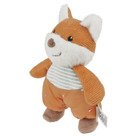 Stehender Plüschfuchs mit orangefarbenem Fell, weißen Ohren, gestreiftem Shirt und orangefarbener Hose.