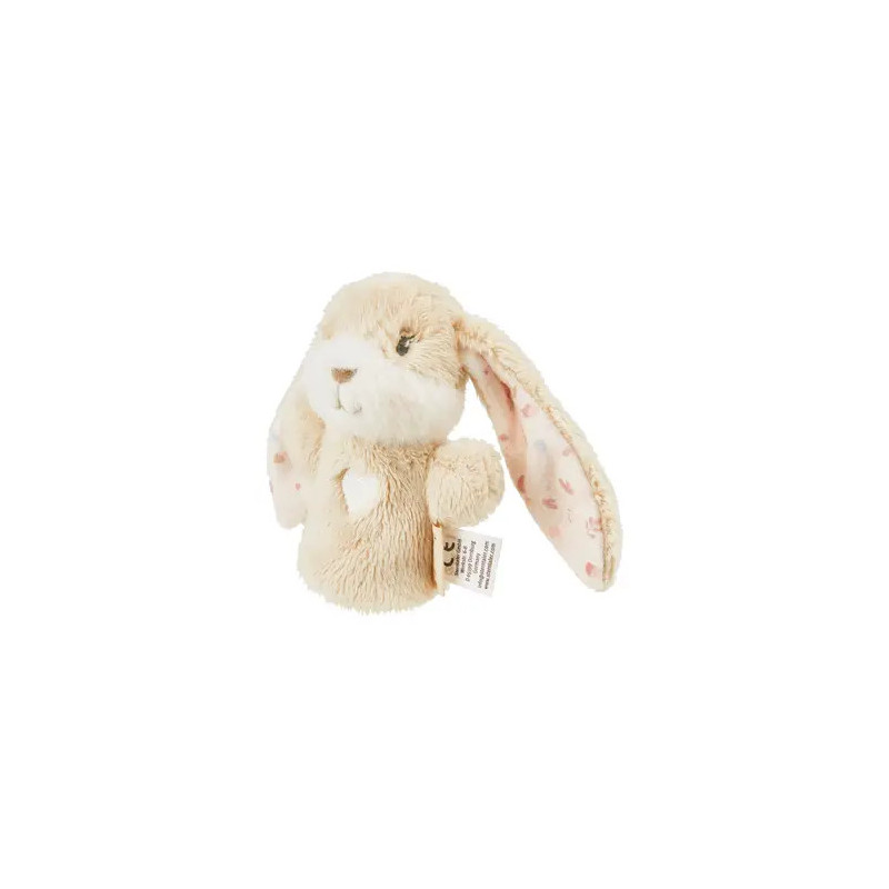 Beiges Plüschhasenspielzeug mit langen, schlaffen Ohren, einem weißen Fleck und floraler Musterung in einem Ohr.