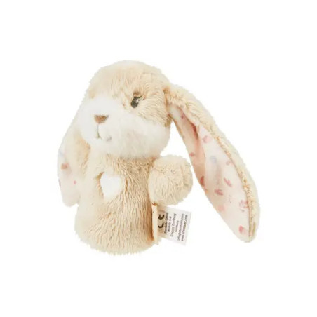 Beiges Plüschhasenspielzeug mit langen, schlaffen Ohren, einem weißen Fleck und floraler Musterung in einem Ohr.