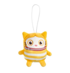 Gelb-weiß gestreiftes Plüsch-Kätzchen mit großen Augen und Aufhängeschlaufe, vor weißem Hintergrund.