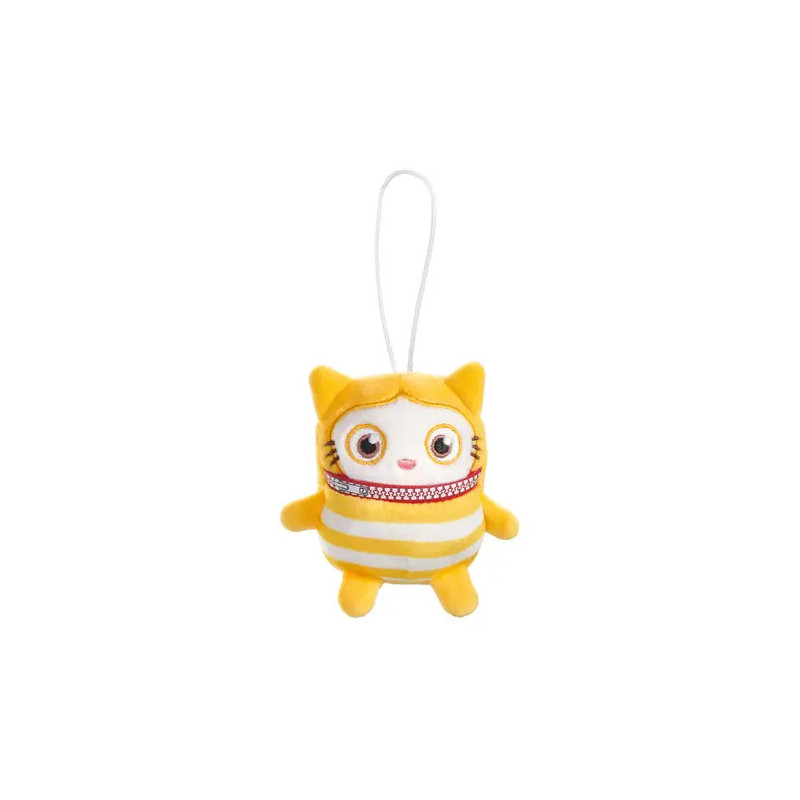 Gelb-weiß gestreiftes Plüsch-Kätzchen mit großen Augen und Aufhängeschlaufe, vor weißem Hintergrund.