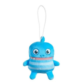 Kleines blaues Plüschtier mit Zipper-Mund, runden Augen und einer Schlaufe am Kopf.